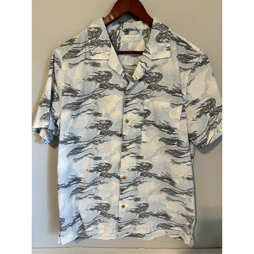 Lucky Brand Hawaiian Shirt Men's M Blue Tropical Linen Short Sleeve Vacation